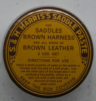 Paste for the preservation of leather goods. Made by S and H Harris