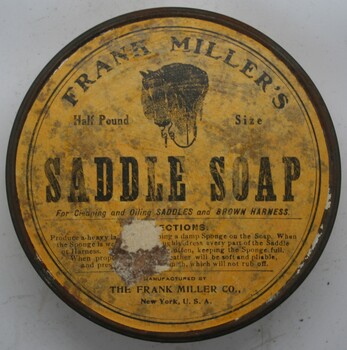 Tin containing Saddle Soap for the maintenance of leather goods made by Frank Miller's