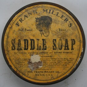 Tin containing Saddle Soap for the maintenance of leather goods made by Frank Miller's
