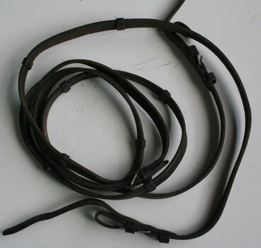 Two leather straps joined to make a rein