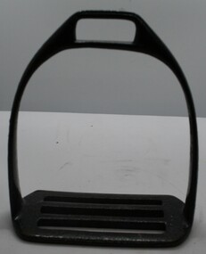 Black painted metal foot stirrup. One of a pair which would have been suspended from a saddle allowing the rider balance and stability