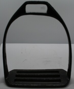  Black painted metal foot stirrup. One of a pair which would have been suspended from a saddle allowing the rider balance and stability