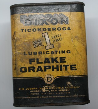 Rectangular shaped tin, painted black and yellow, stating that it holds Dixons Number one Lubricating flake graphite.