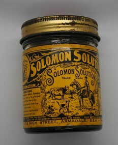 Squat round jar with screw lid and yellow printed label, containing Solomon's Solution.