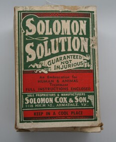 Small cardboard box containing   Solomon's Solution, label stating its beneficial uses on animals and humans.