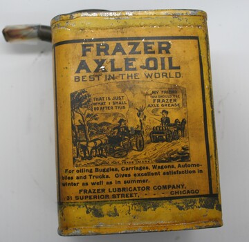 Yellow painted rectangular shaped can with round lid and tubular pouring nozzle 