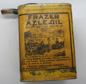 Yellow painted rectangular shaped can with round lid and tubular pouring nozzle 
