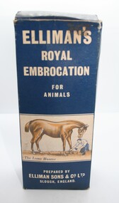 Printed blue package  for holding container of advertised liquid, Elliman's Royal Embrocation.