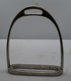 Steel stirrup, flat bottomed with top fitting for saddle harness