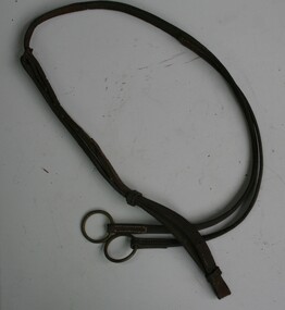 brown leather strap as part of harness for horses. Metal rings and buckles for adjustment to suit horse.