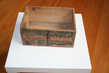 Wooden box , no lid Printed with the name of name of manufacturer