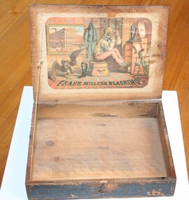 Wooden box with lid  used to display Frank Millers shoe polish