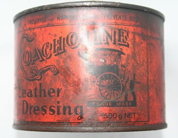Squat red tin can with press lid with instructions  printed on side
