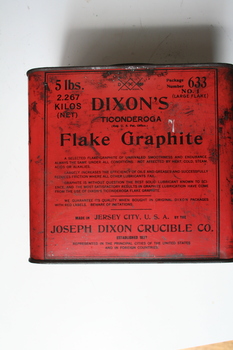 Rectangular red painted tin with press lid contents and manufacturer printed on tin