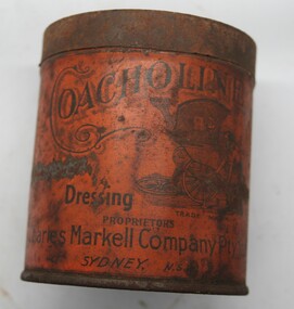 Red coloured short tin with press lid, contains leather dressing