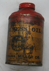 Short tin can with screw lid can painted both red and gold, instruction painted around tin