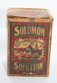 Cardboard container with jar of Solomons solution within. Instructions printed on paper also contained.