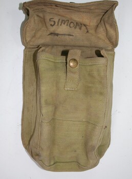 Army green webbing pouch to be carried on a belt. Two brass hooks on rear for belt mounting