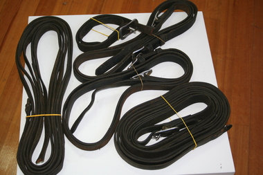 Black leather straps making up a set of reins for a pair of horses