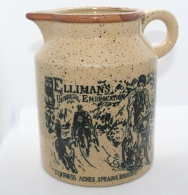 Ceramic jug with inscription advertising Ellimans universal embrocation