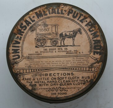 Round tin containing oil for preservation of metal
