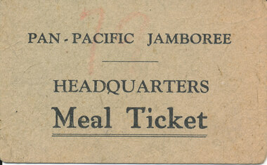 Card, Pan-Pacific Jamboree Headquarters Meal ticket Wonga Park probably 1948-9