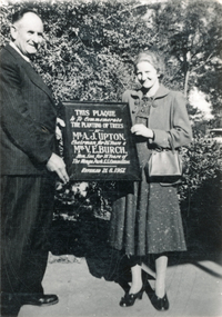 Photograph (sub-item) - Photo commemorating a school tree planting ceremony in 1957 by two long-serving school councillors, Mr. A.J. Upton and Mrs. V.E. Burch.  This plaque now hangs in the main school entrance hall