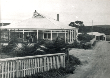 Photograph (sub-item) - Yarra Brae homestead, date unknown, probably in the 1960’s. [It would appear to be the Buruma family standing on the front steps.]