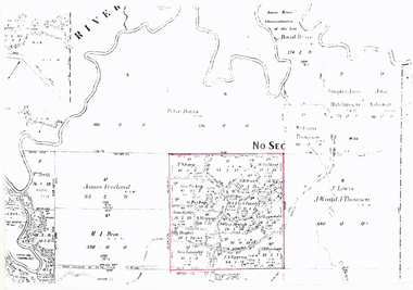 Photograph (sub-item) - Map of original land settlement in 1890’s – known as ‘the Eight Hour Pioneer village Settlememt’, the square mile around the Wonga Park Store today (red square)