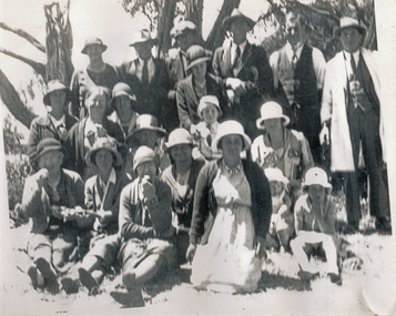 Photograph (sub-item) - Black and White, The Wonga Park Parents’ and Mothers’ Club at the annual school picnic (somewhere near Frankston) – The photo includes Mr. A.J. Upton, Mr. and Mrs. Lee, Mrs. Hogarth, Mrs. Menthe, Mr. Heims (white coat), c1933