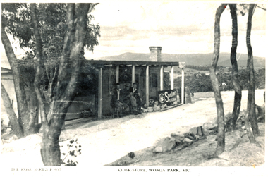Photograph (sub-item) - Black and White, Wonga Park Kiosk and General Store in 1948.  Pictured outside the store from left, Mr. James Fulford, Mr. David Fulford, Mr. Harry Williamson
