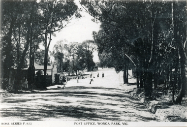 Photograph (sub-item) - Black and White, Another view of Wonga Park Post Office about 1950.  Crosses in photo mark from left, ‘Art’, ‘Edna’ and ‘Vicie the dog’