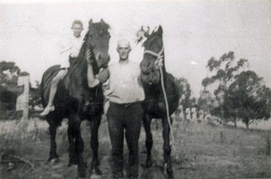 Photograph (sub-item) - Black and White, On horseback about 1931 – Mr. Walter Heims and son, Harry near Brushy Park Road, c 1931