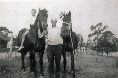 Photograph (sub-item) - Black and White, On horseback about 1931 – Mr. Walter Heims and son, Harry near Brushy Park Road