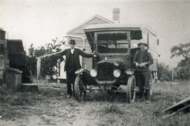 Photograph (sub-item) - Black and White, A T-Model Ford in about 1929, at Wonga Park on the Heims’ property.  New house materials on ground to right, c 1929