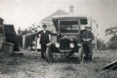 Photograph (sub-item) - Black and White, A T-Model Ford in about 1929, at Wonga Park on the Heims’ property.  New house materials on ground to right