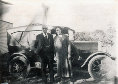 Photograph (sub-item) - Black and White, Transport in 1930’s Wonga Park!  Mrs. W. Heims with her father, Mr. Van der Sluys, 1930s