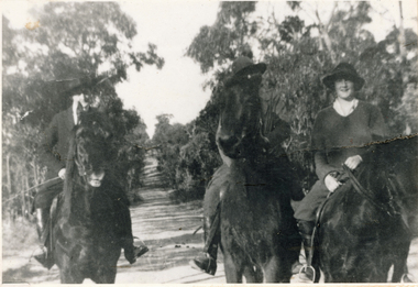 Photograph (sub-item) - Black and White, View down Jumping Creek Road, 1921.  From left – Mrs. Sharpe, Mrs. Hughes and Mrs. Ronalds on horseback, c 1921