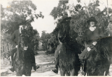 Photograph (sub-item) - Black and White, View down Jumping Creek Road, 1921.  From left – Mrs. Sharpe, Mrs. Hughes and Mrs. Ronalds on horseback