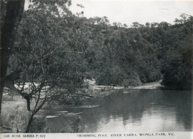 Photograph (sub-item) - Black and White, The Wonga Park ‘swimming pool’ in the Yarra River, 1940’s – now in Jumping Creek Reserve (1985) [This may be the swimming pool in Jumping Creek Reserve or may be the swimming pool in Clifford Park in use in the 1948-9 Pan-Pacific Jamboree], Late 1940s