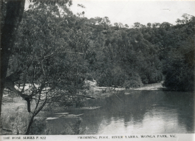 Photograph (sub-item) - Black and White, The Wonga Park ‘swimming pool’ in the Yarra River, 1940’s – now in Jumping Creek Reserve (1985) [This may be the swimming pool in Jumping Creek Reserve or may be the swimming pool in Clifford Park in use in the 1948-9 Pan-Pacific Jamboree]