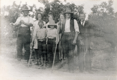 Photograph (sub-item) - Black and White, Heims family picking fruit on their property near corner of Toppings and Homestead Roads in 1930’s