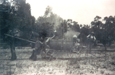 Photograph - Black and White, Fruit spraying on the Heims’ orchard around 1934