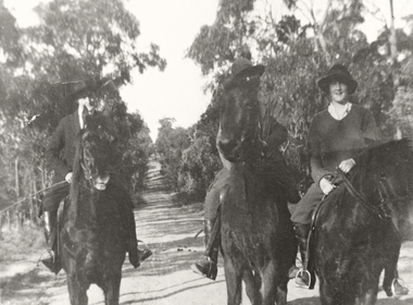 Photograph (Item) - Black and White, Wonga Park: 3 horseback riders on Jumping Creek Road, About 1920