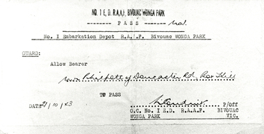 Photograph (Item) - Black and White, No. 1 Embarkation Depot RAAF Bivouac Wonga Park entry permit, c. 1931