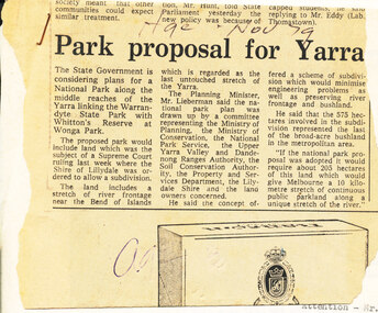 Newspaper - Article, Park Proposal for Yarra (in Wonga Park) The Age November 1979