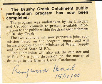 Newspaper (Item) - Photocopy Newspaper Cutting, Brushy Creek Catchment Ringwood Mail 15/10/1980