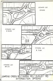 Work on paper (Item) - Plan, Wonga Park: Four Options for development of Jumping Creek, Yarra and Dudley Roads corner c. 1983