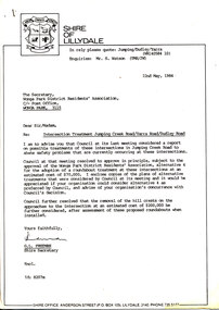 Work on paper (Item) - Letter, Wonga Park 1984 Letter from Shire of Lillydale to Wonga Park & District Residents' Association with four alternative intersection treatments
