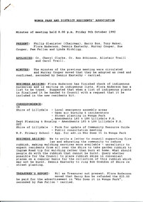 Work on paper - Minutes, Wonga Park & District Residents' Association Minutes of Meeting 9 October 1992